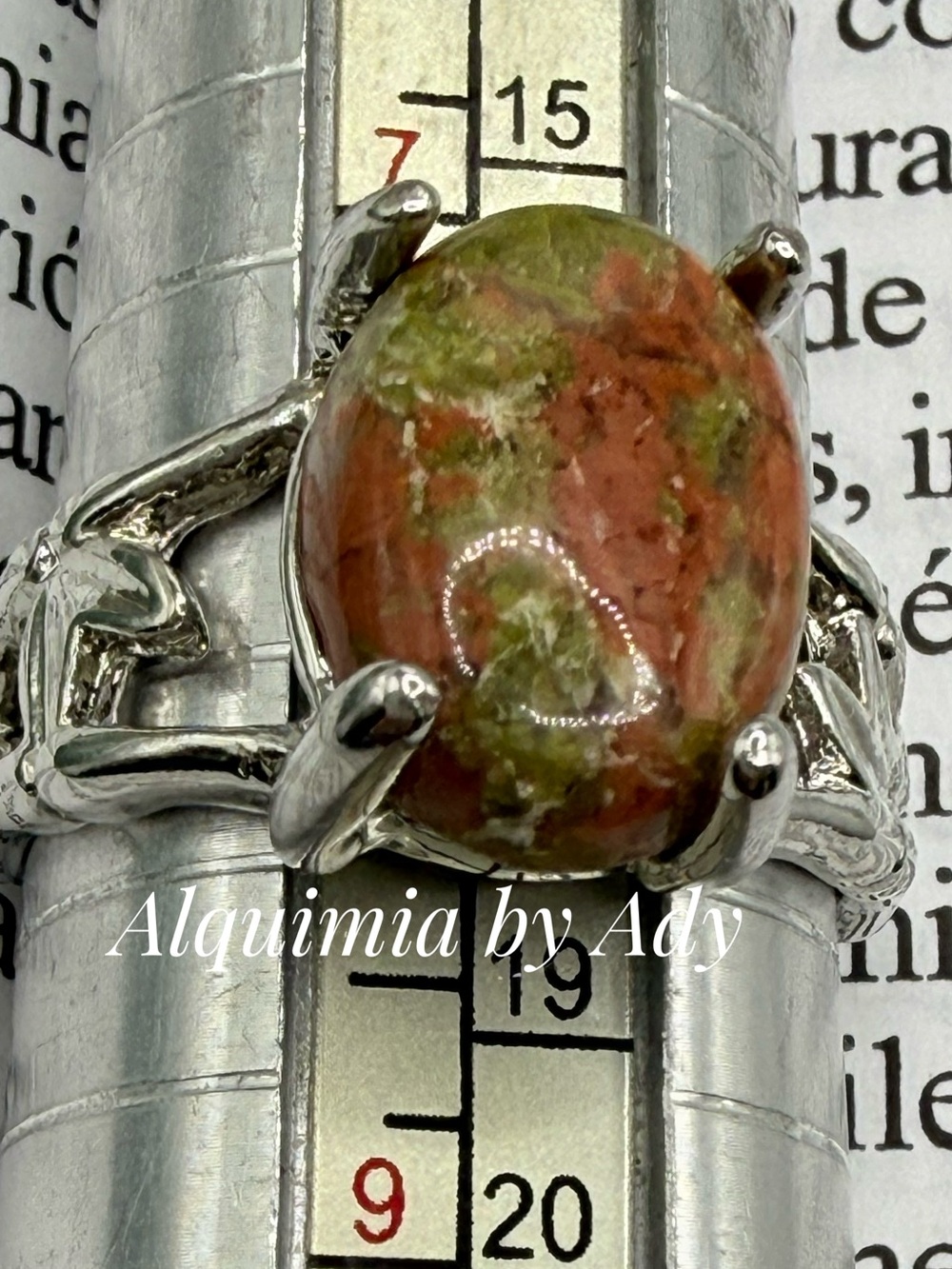 Olive Green unakite Oval Stone Ring in Silver Vine Setting - Picture 1 of 1
